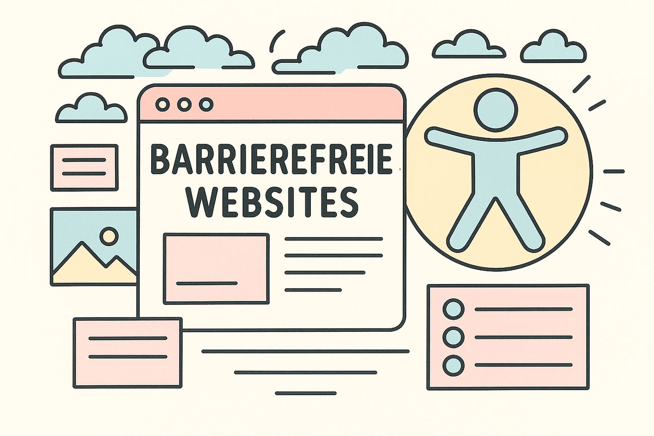Illustration mit Browserfenster und Symbol für Barrierefreiheit, Text: Barrierefreie Websites.